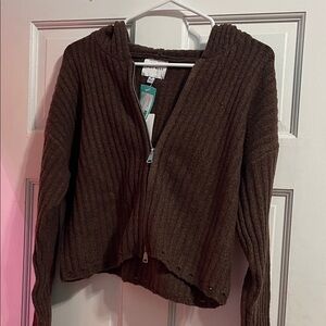 Pink Rose Chocolate Brown Ribbed Cardigan
